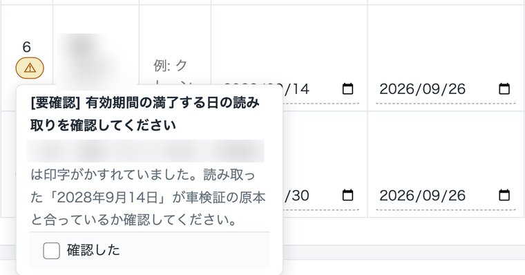 車検証の印字がかすれていた箇所について、原本と照らして確認するよう求める表示