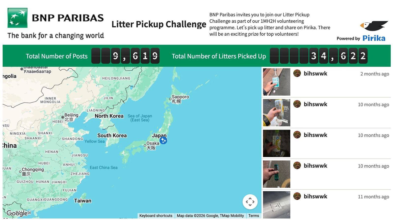 Example visualization page (BNP Paribas Litter Pickup Challenge): total posts, litter picked up, activity map and latest posts